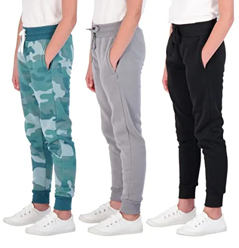 3 Pack:Girls Fleece Joggers Soft Athletic Track Warmup Casual Sweatpants Clothes Little Sports Pajama Kids Clothing Youth Children Sweats Big Teen Running Elastic Pants Basketball-Set 5, L (14)