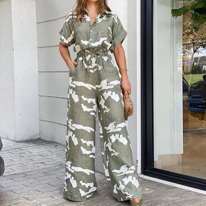 3XL Camouflage or Solid Print Wide Leg Spring Romper Short Sleeve Plus Size Women