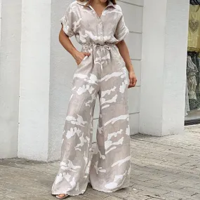3XL Camouflage or Solid Print Wide Leg Spring Romper Short Sleeve Plus Size Women