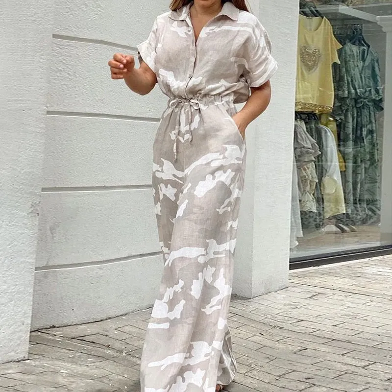 3XL Camouflage or Solid Print Wide Leg Spring Romper Short Sleeve Plus Size Women
