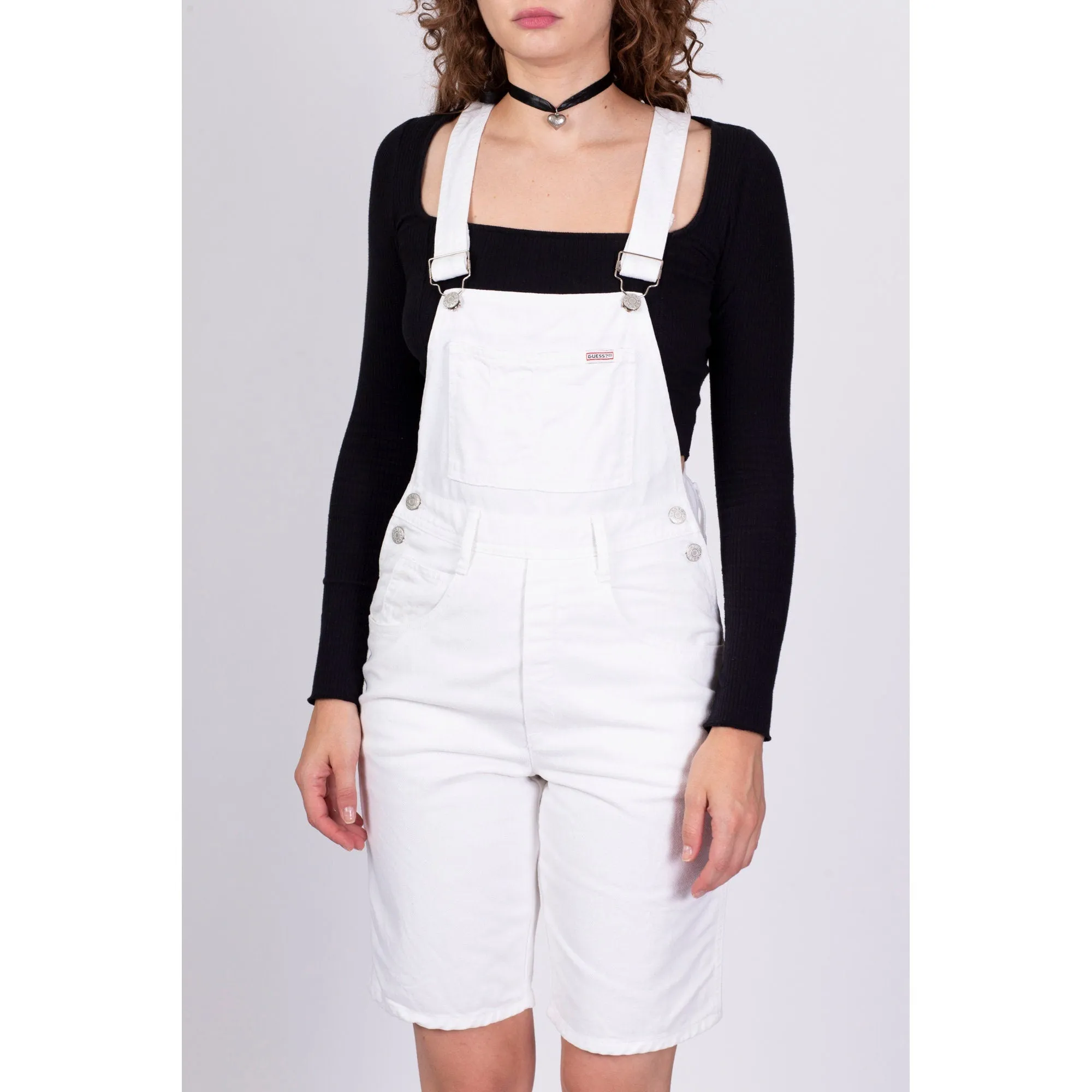 90s Guess White Denim Overall Shorts - Extra Small