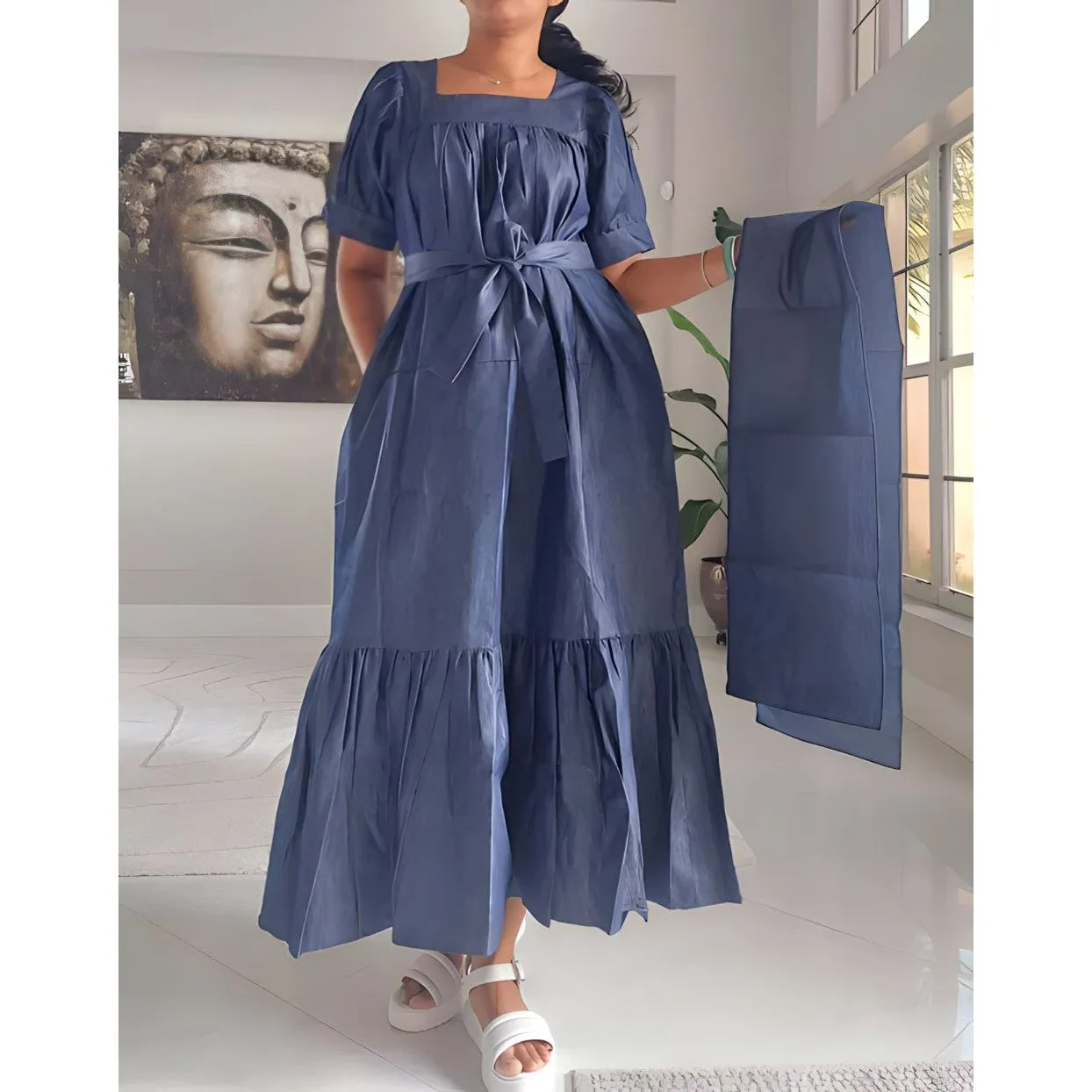 African Ankara Denim Print Maxi Off Shoulder Trapeze A Line Dress Long Sleeve Layered Ruffle