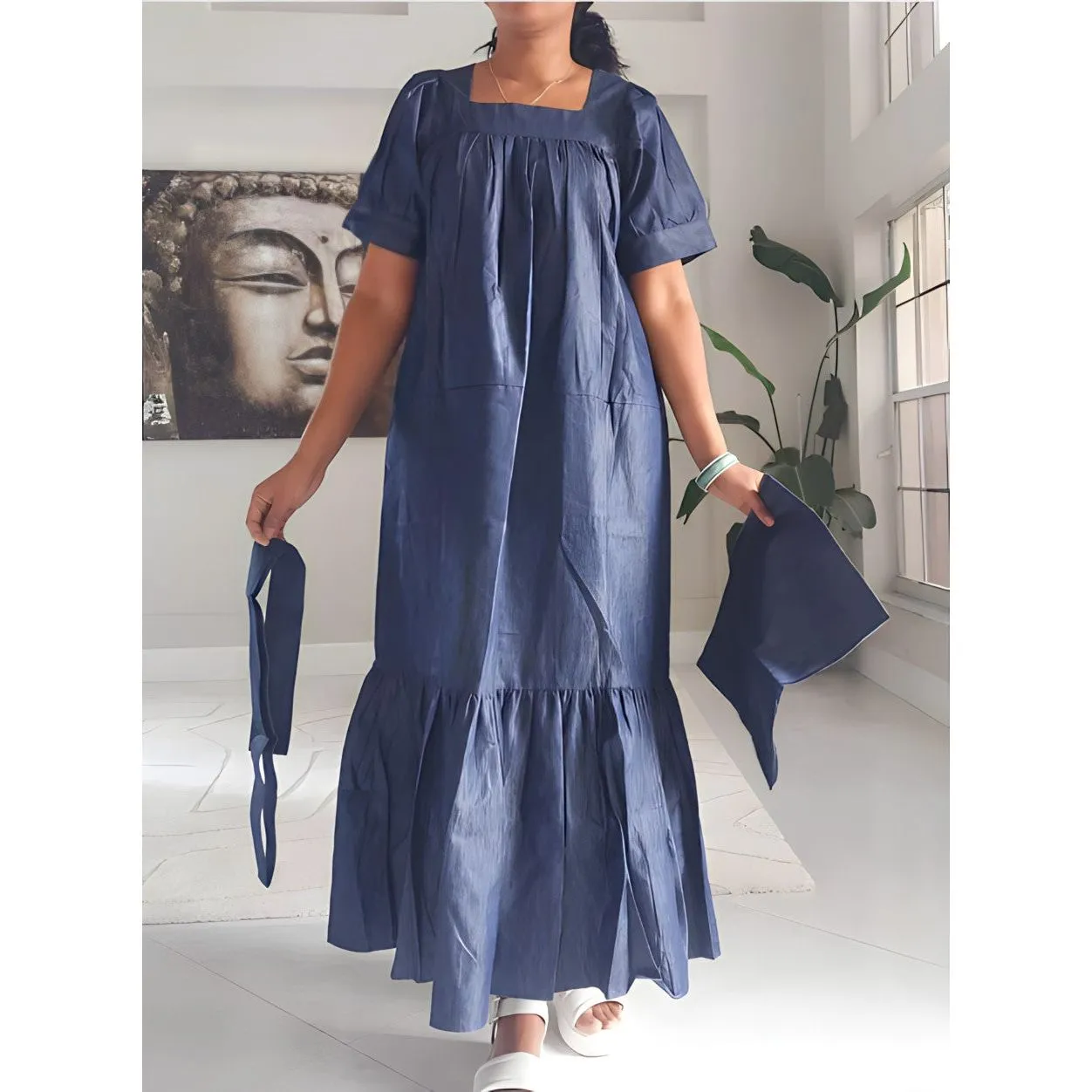 African Ankara Denim Print Maxi Off Shoulder Trapeze A Line Dress Long Sleeve Layered Ruffle