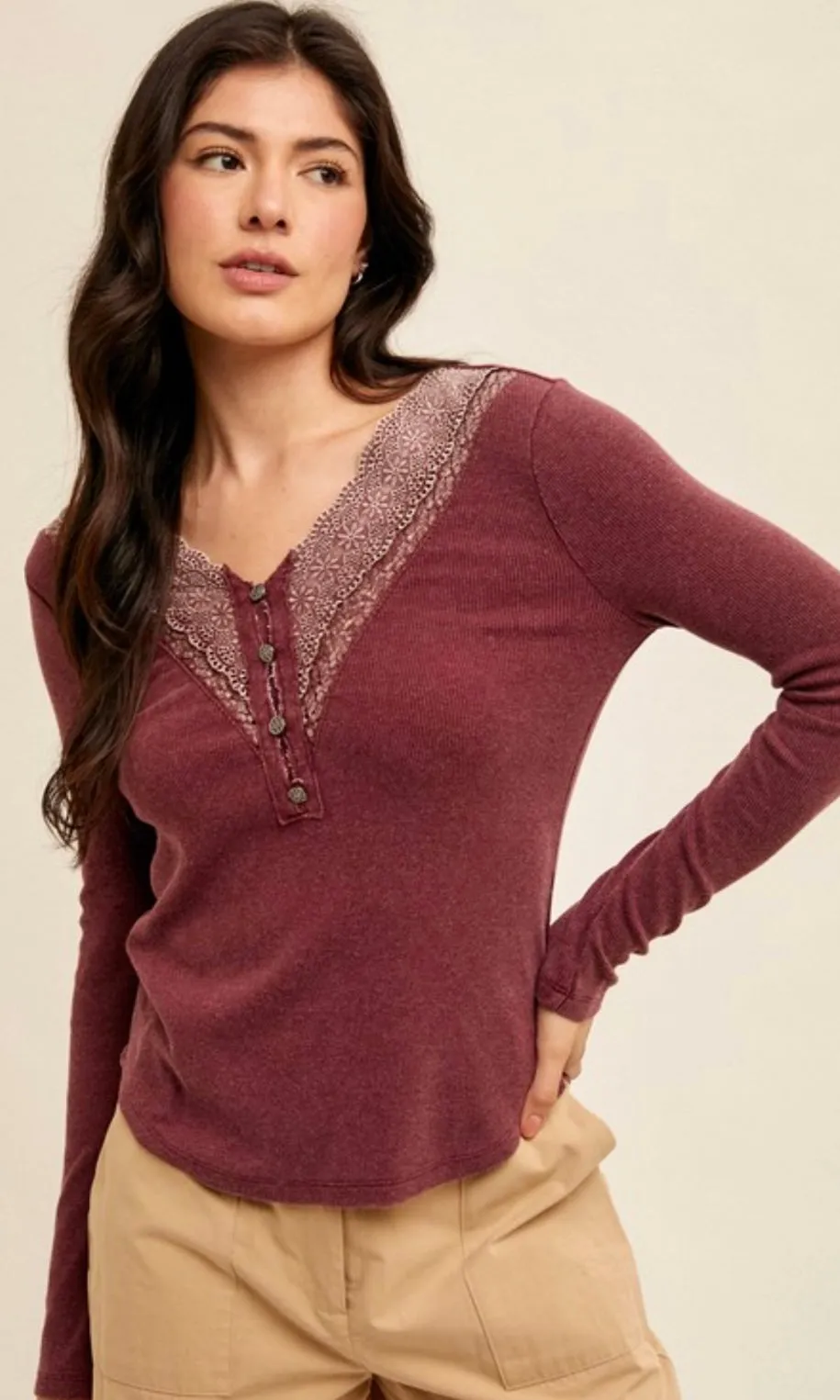 Aylet Red Bean Eyelet Trim Knit Top Shirt
