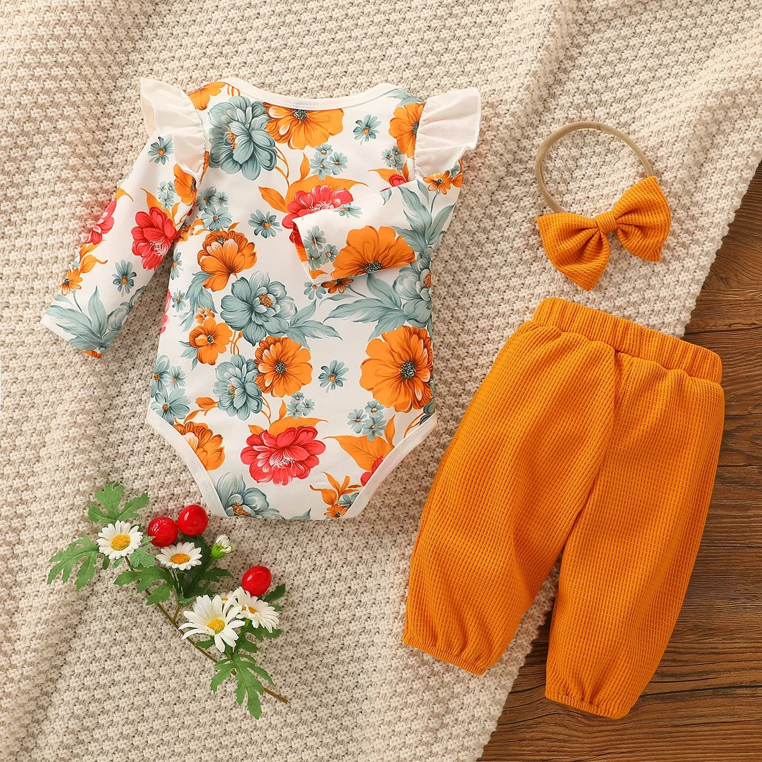 Baby 3pcs Floral Print Long-sleeve Romper and Solid Waffle Trouser Set