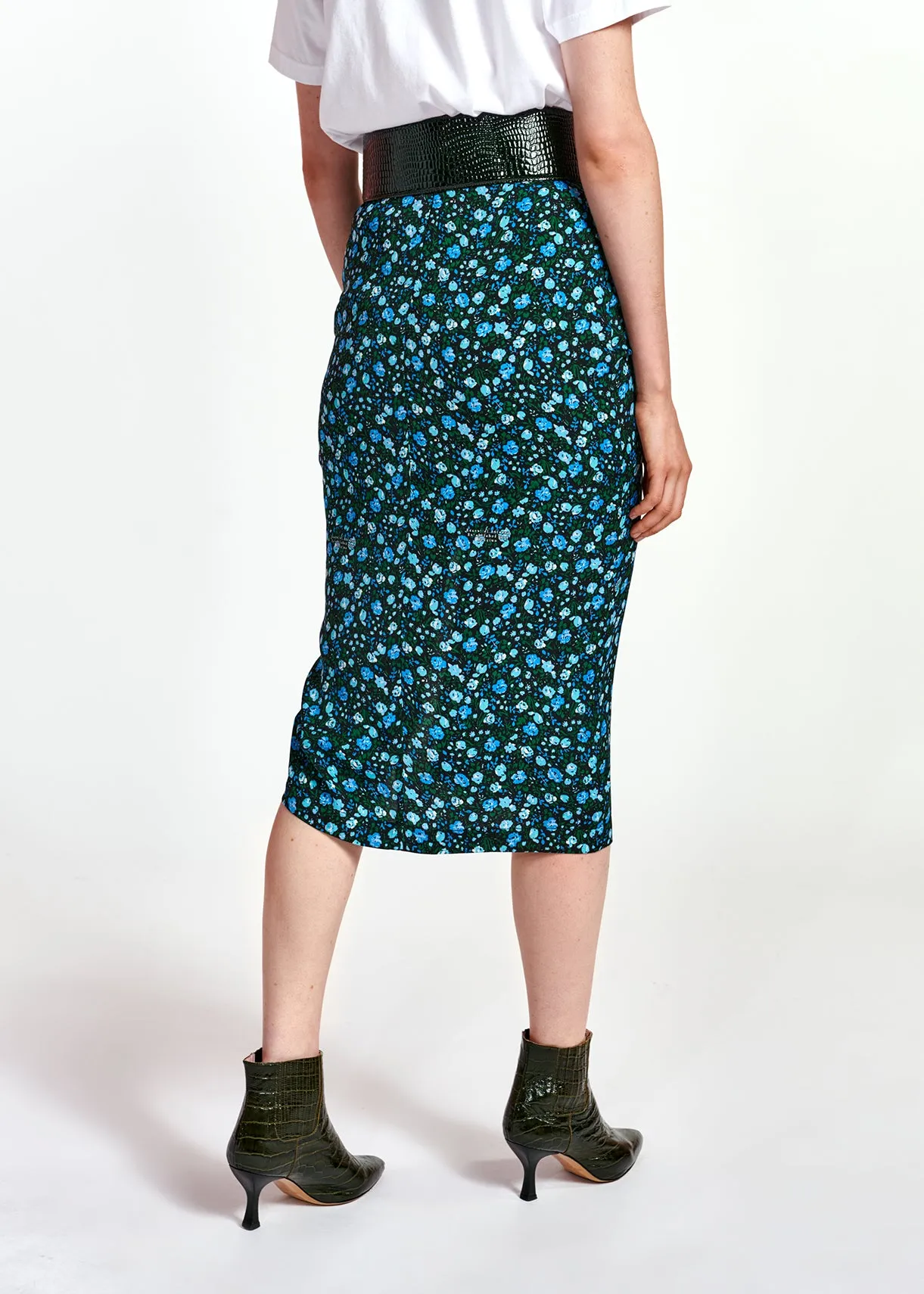 Blue and green floral print pencil skirt