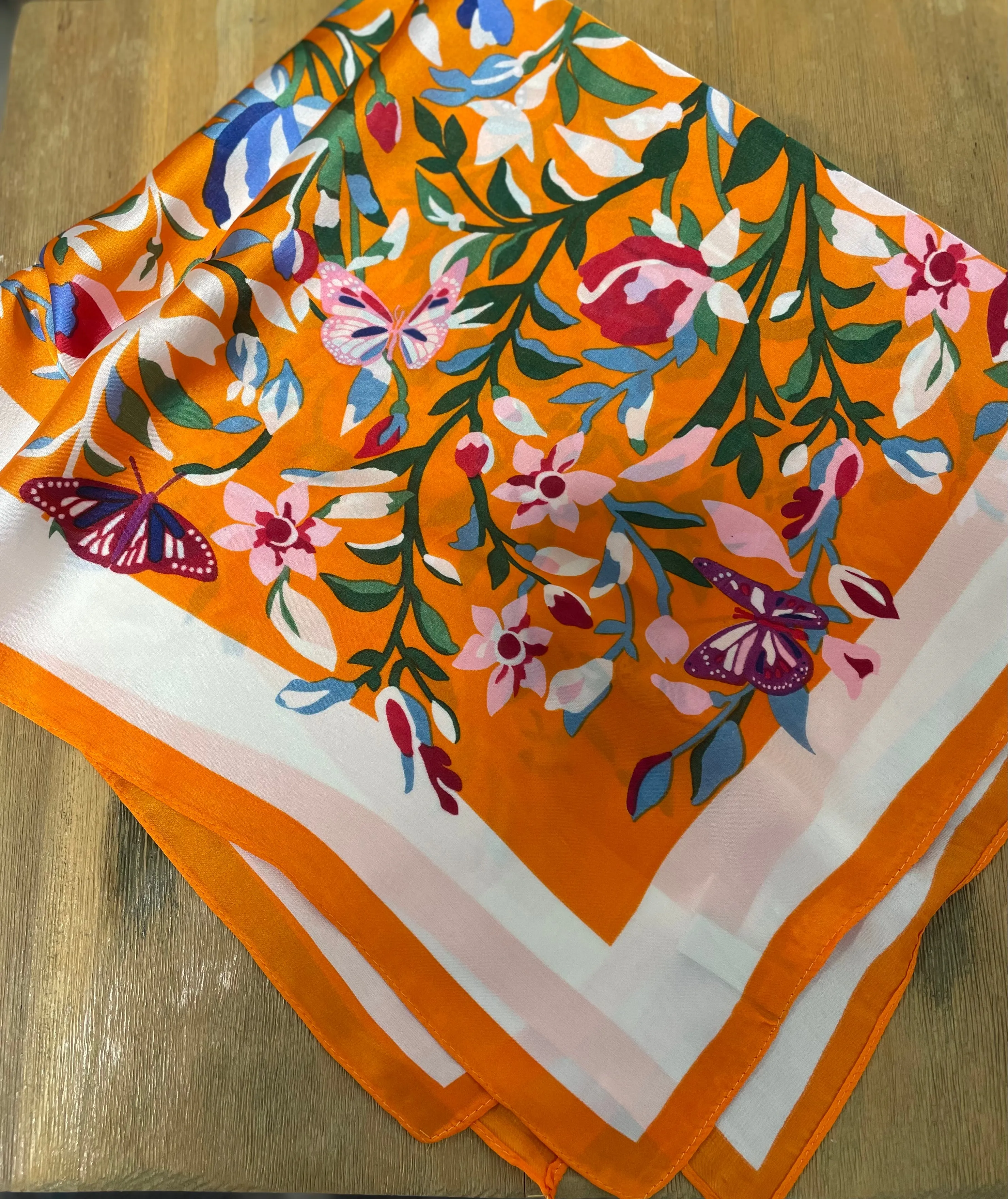 Butterfly & Floral Vibrant Print Orange Square Scarf
