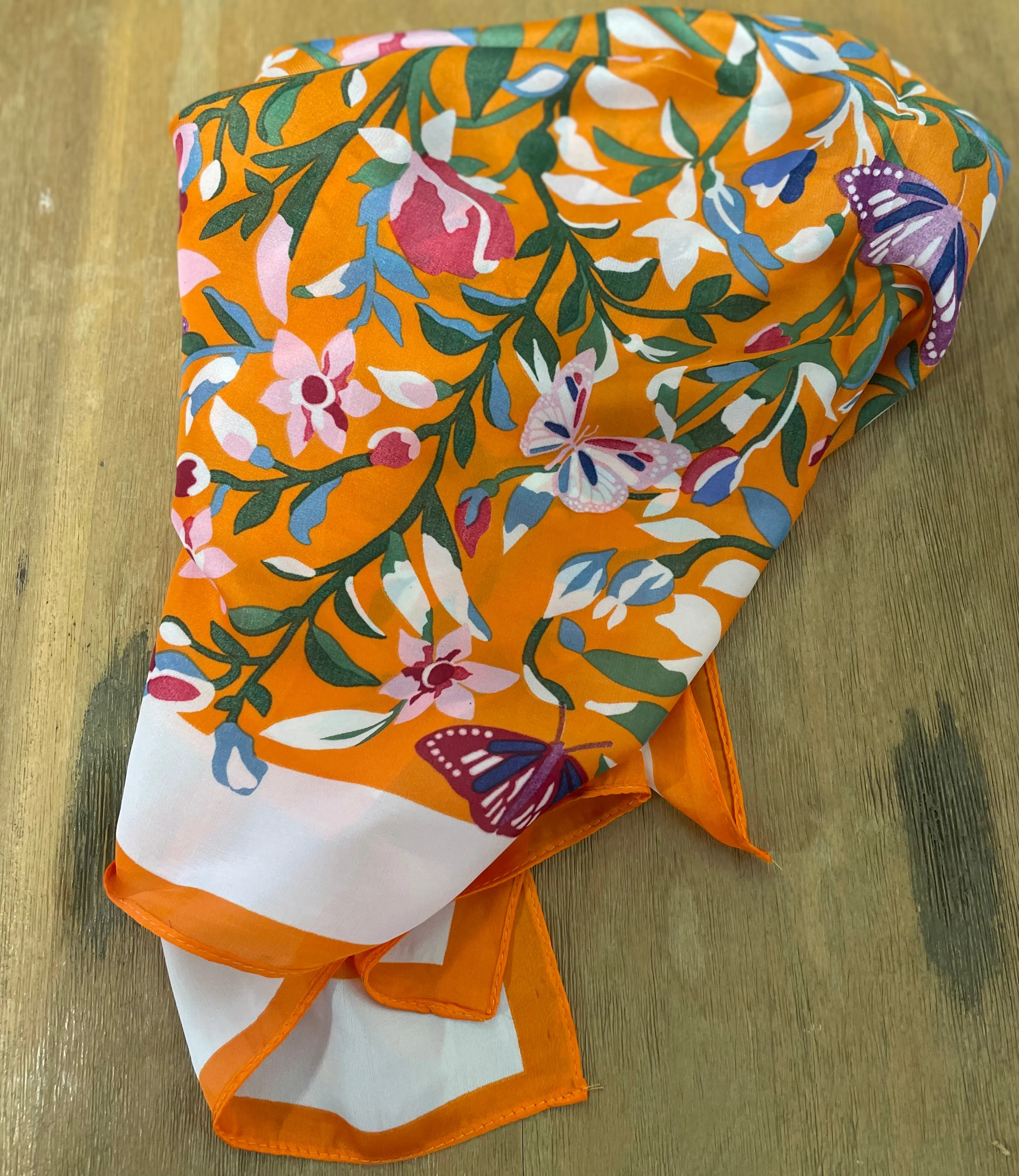 Butterfly & Floral Vibrant Print Orange Square Scarf