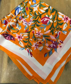 Butterfly & Floral Vibrant Print Orange Square Scarf