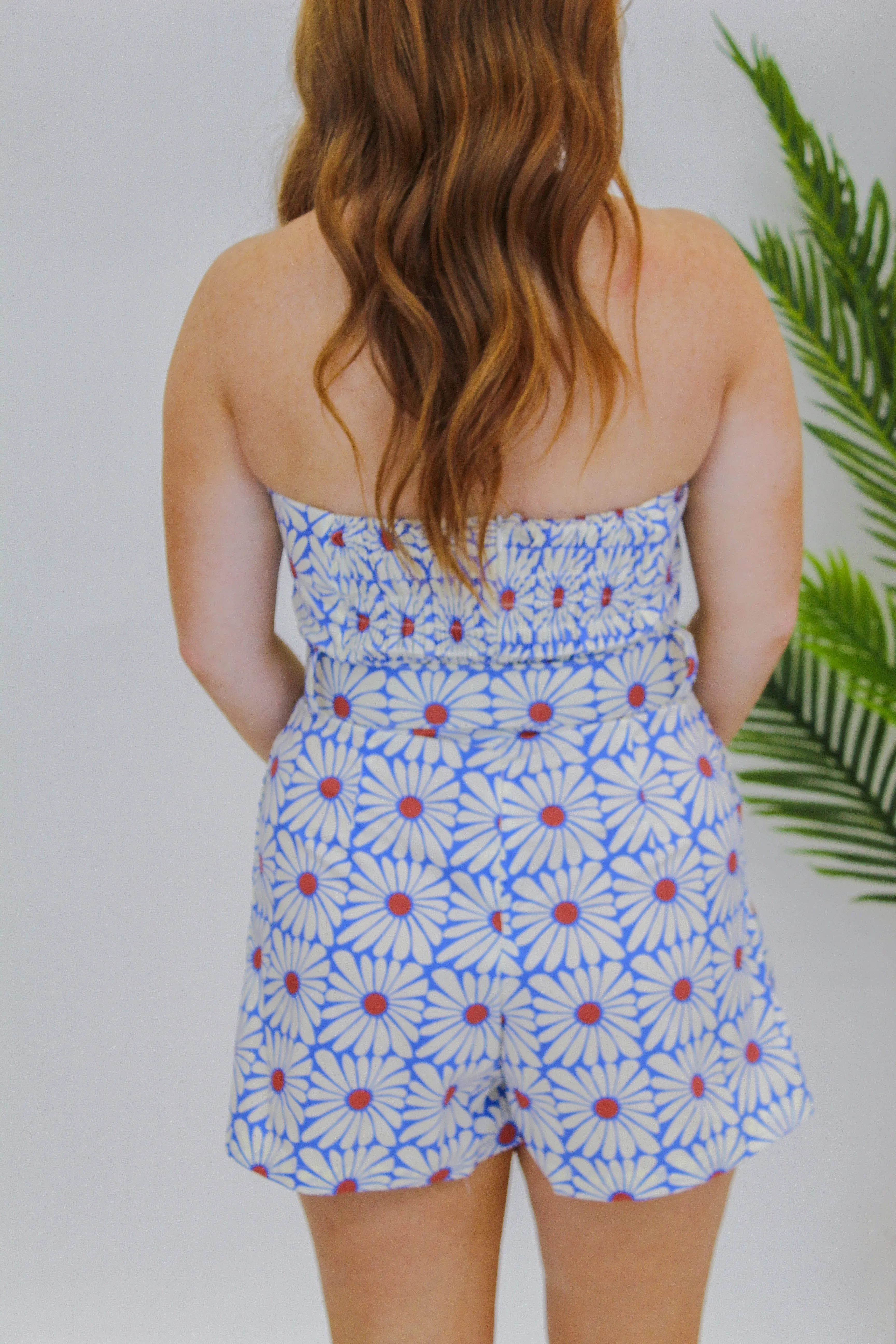 Carley Strapless Belted Romper- Blue