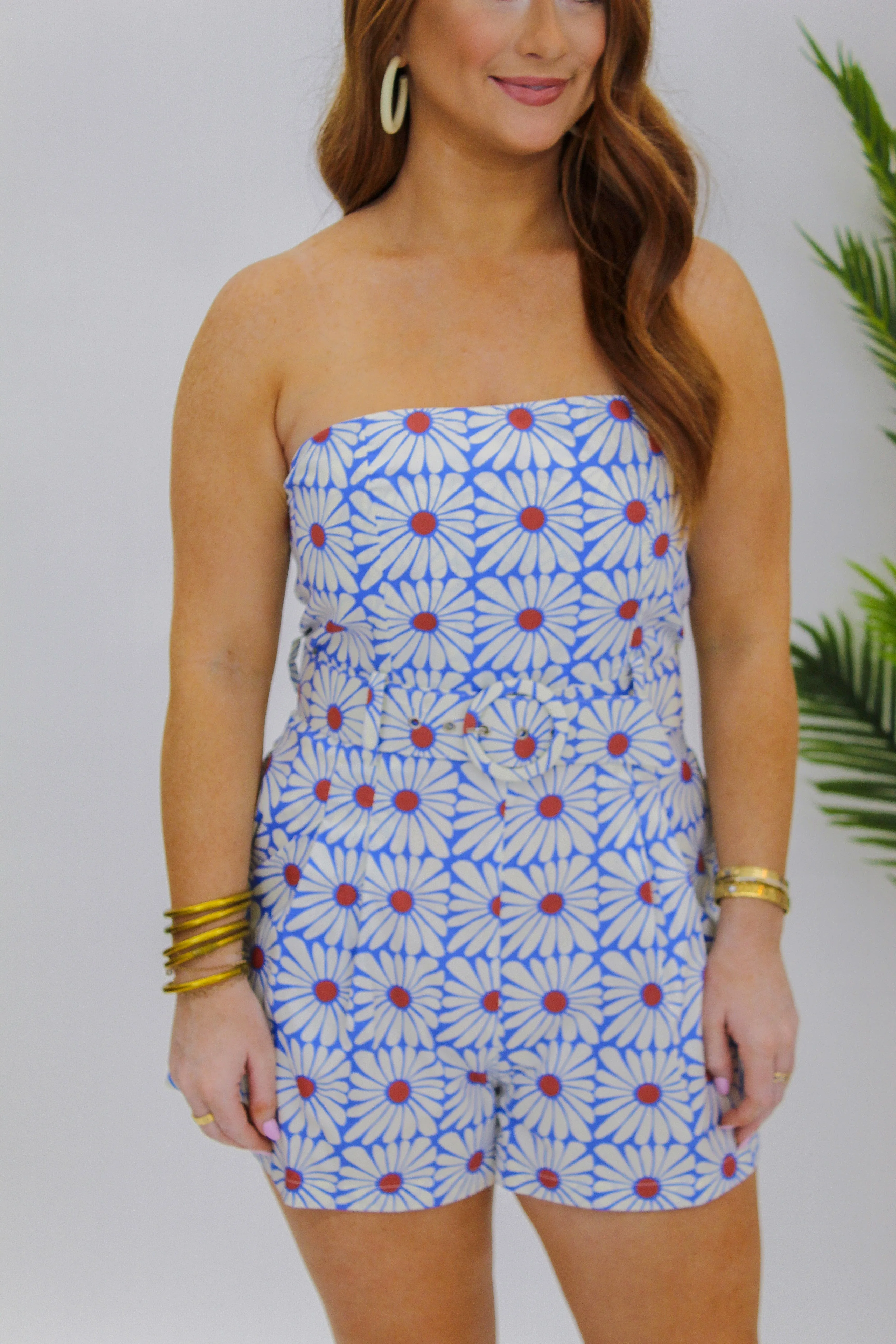 Carley Strapless Belted Romper- Blue