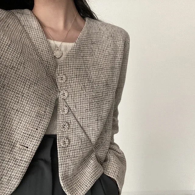 Collarless V-Neck Gray Plaids Tweed Cropped Jacket