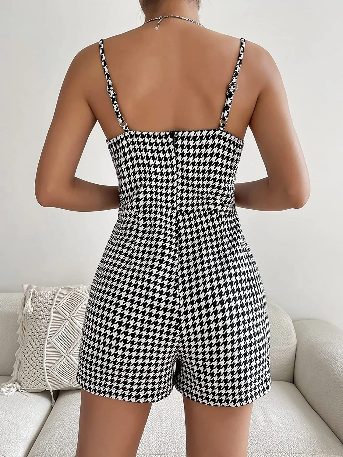 Elegant Black & White Houndstooth Sleeveless Shorts Romper