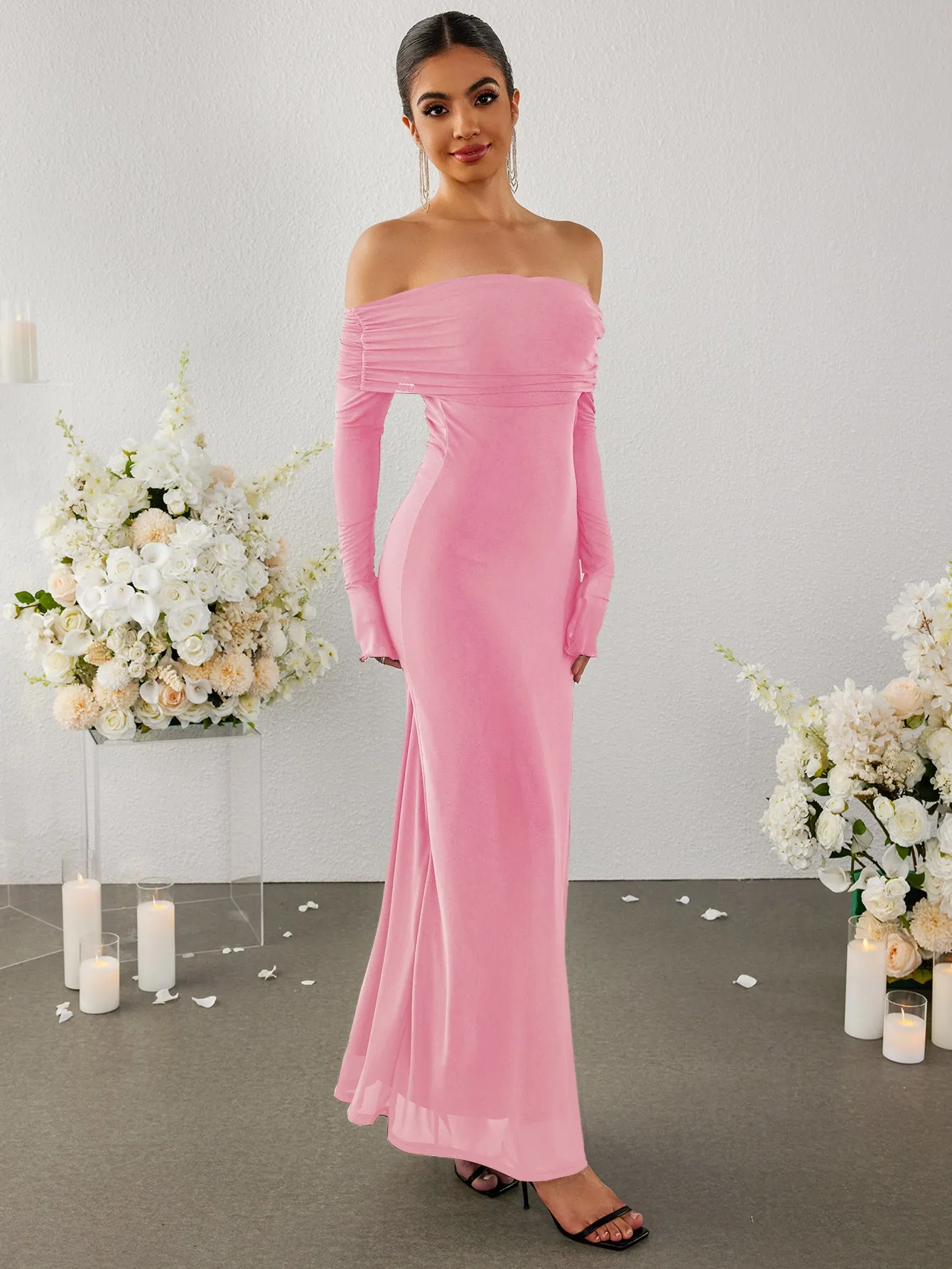 Flounce Sleeve Off Shoulder Mesh Bodycon Dress