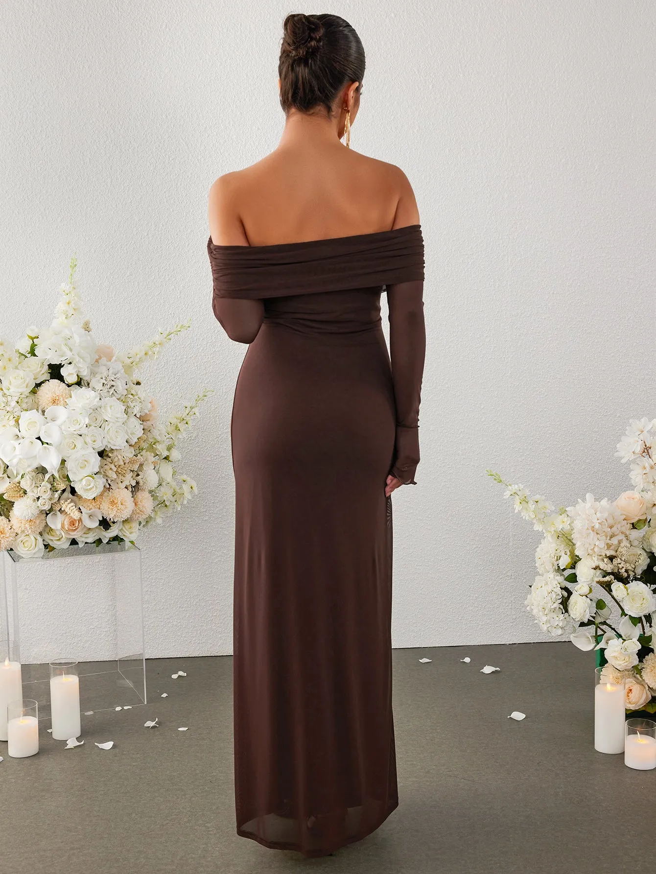 Flounce Sleeve Off Shoulder Mesh Bodycon Dress