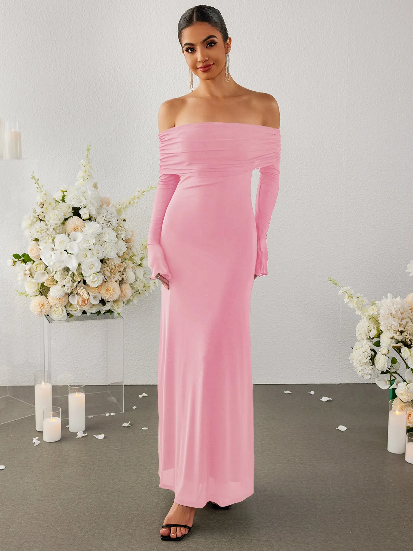 Flounce Sleeve Off Shoulder Mesh Bodycon Dress