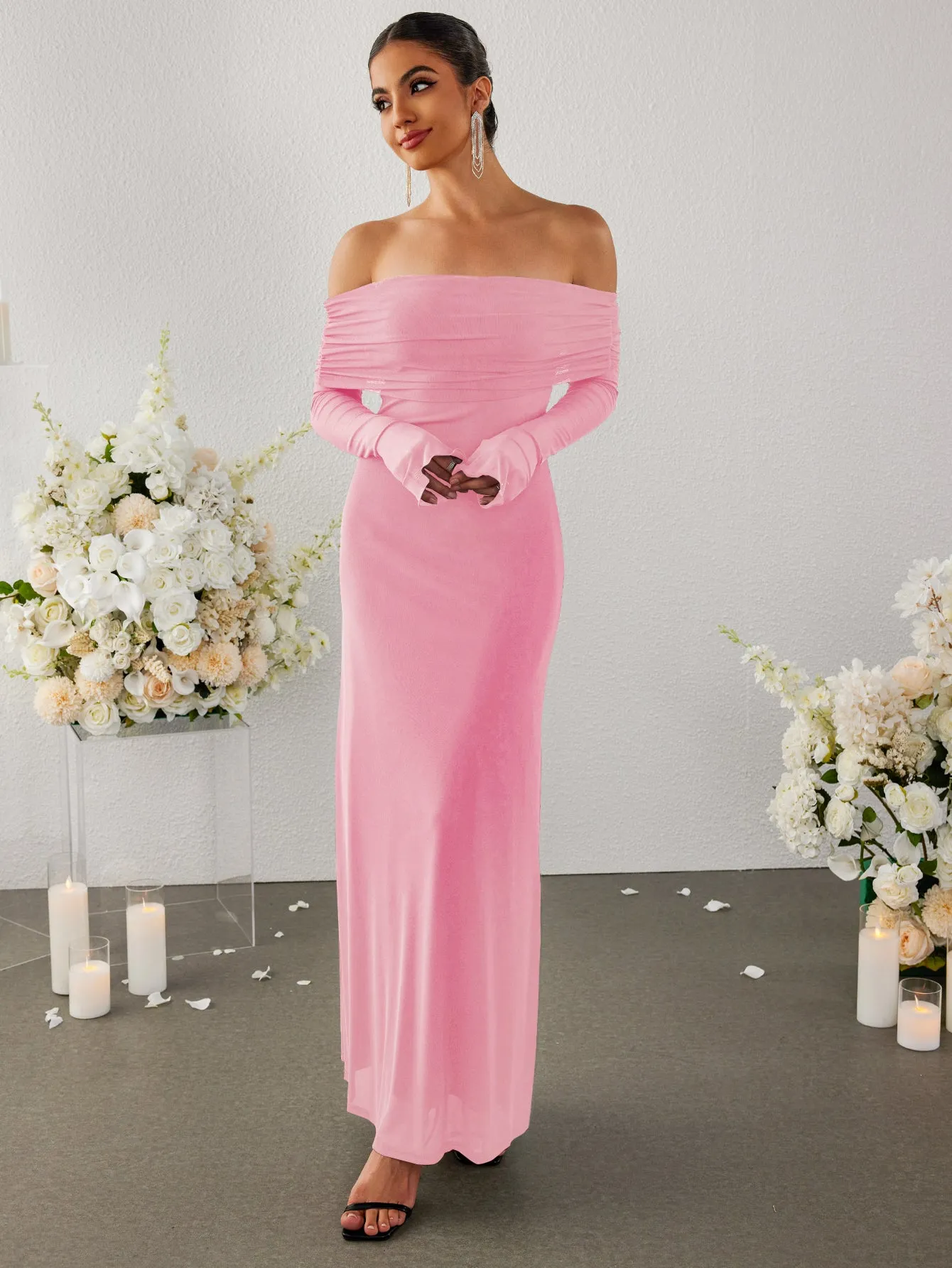 Flounce Sleeve Off Shoulder Mesh Bodycon Dress