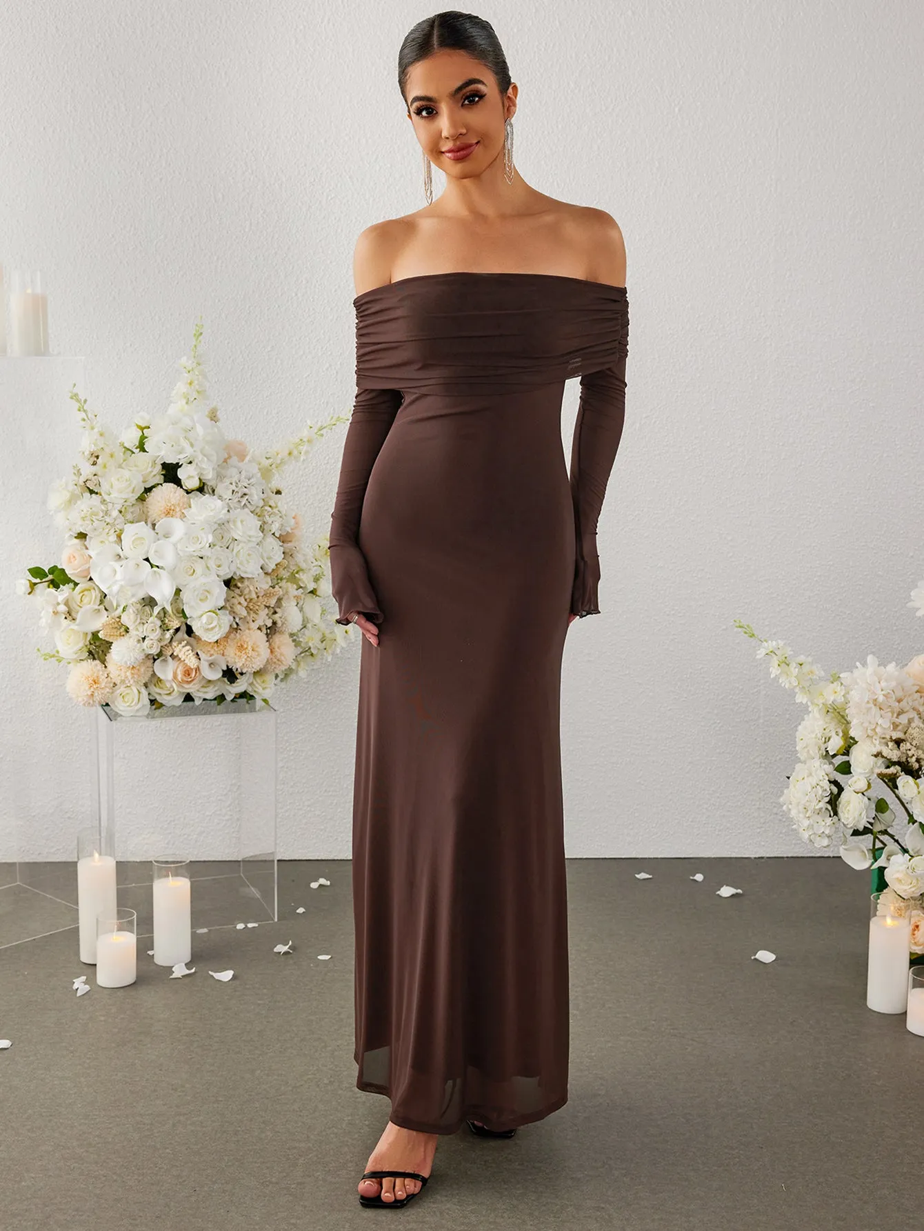 Flounce Sleeve Off Shoulder Mesh Bodycon Dress
