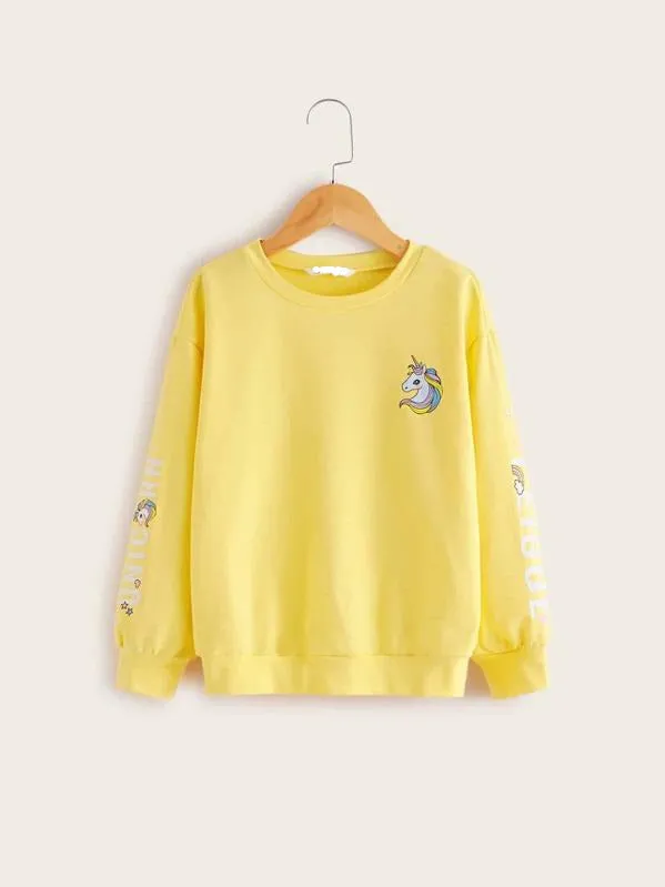 Girls Unicorn Print Pullover & Striped Side Sweatpants Set