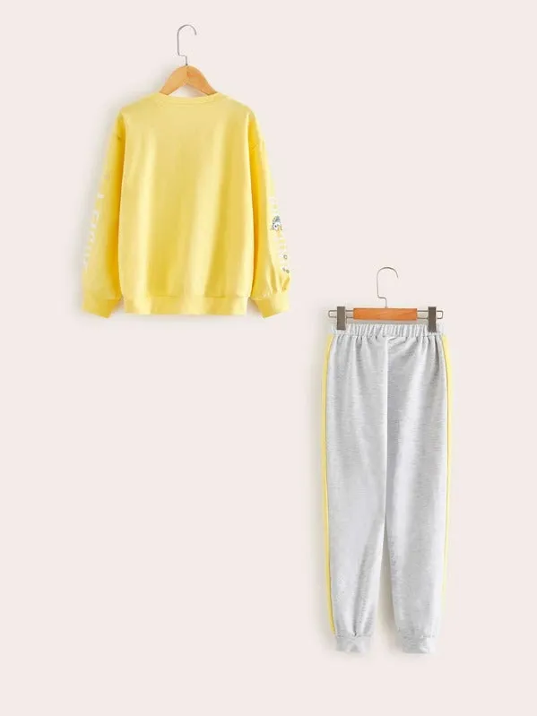 Girls Unicorn Print Pullover & Striped Side Sweatpants Set