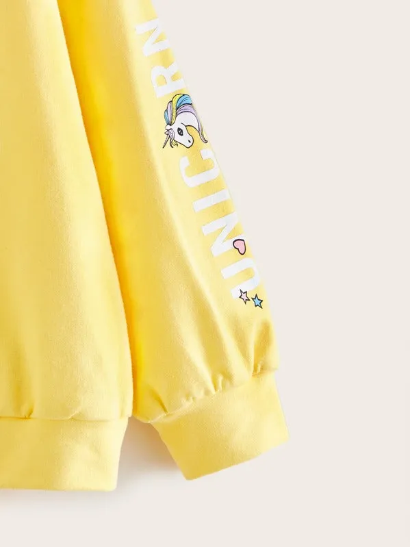 Girls Unicorn Print Pullover & Striped Side Sweatpants Set