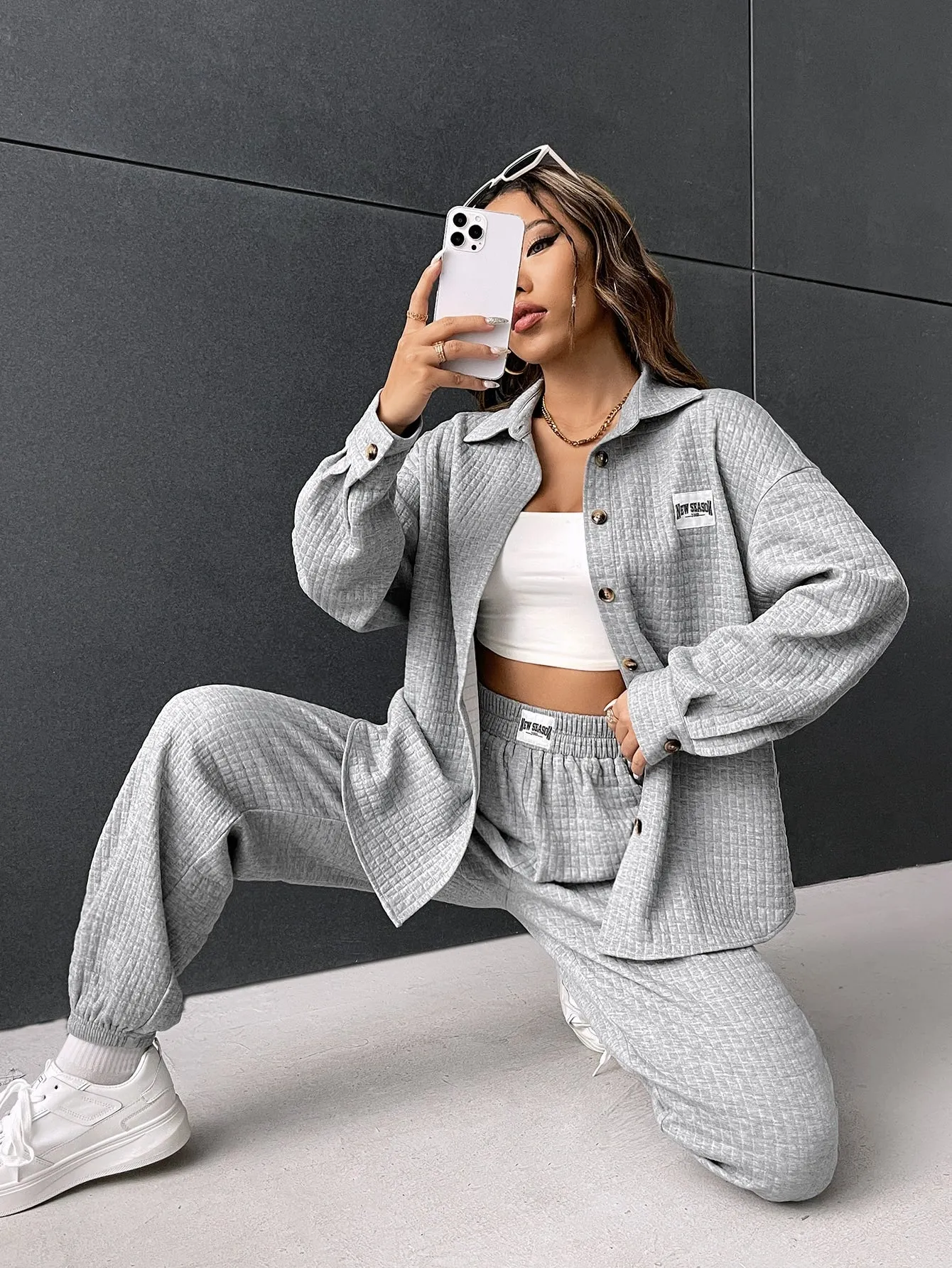 Letter Patched Detail Quilted Drop Shoulder Shirt & Sweatpants FW22