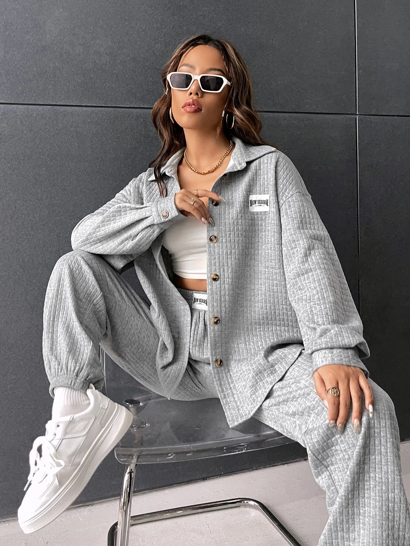 Letter Patched Detail Quilted Drop Shoulder Shirt & Sweatpants FW22
