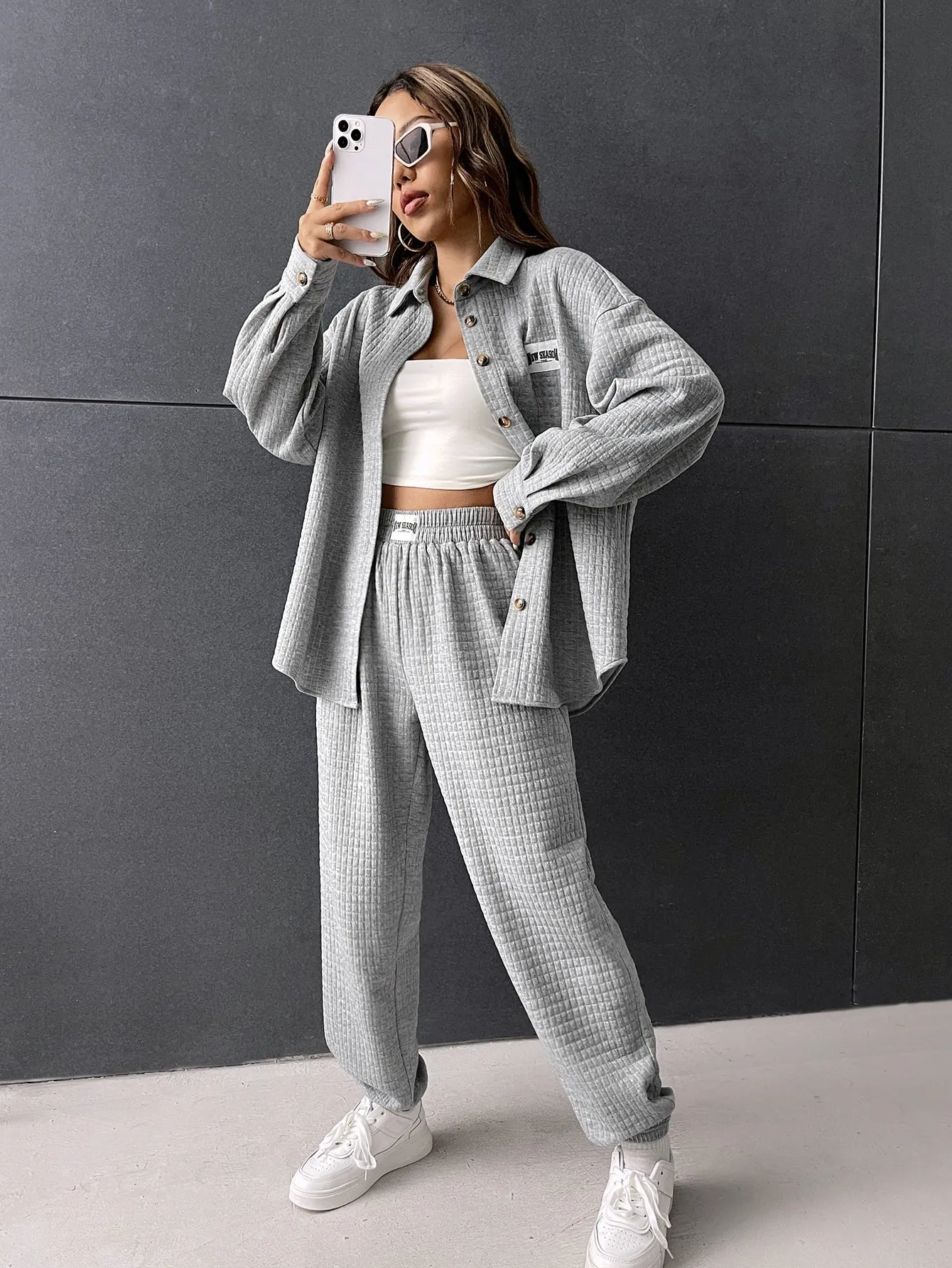Letter Patched Detail Quilted Drop Shoulder Shirt & Sweatpants FW22