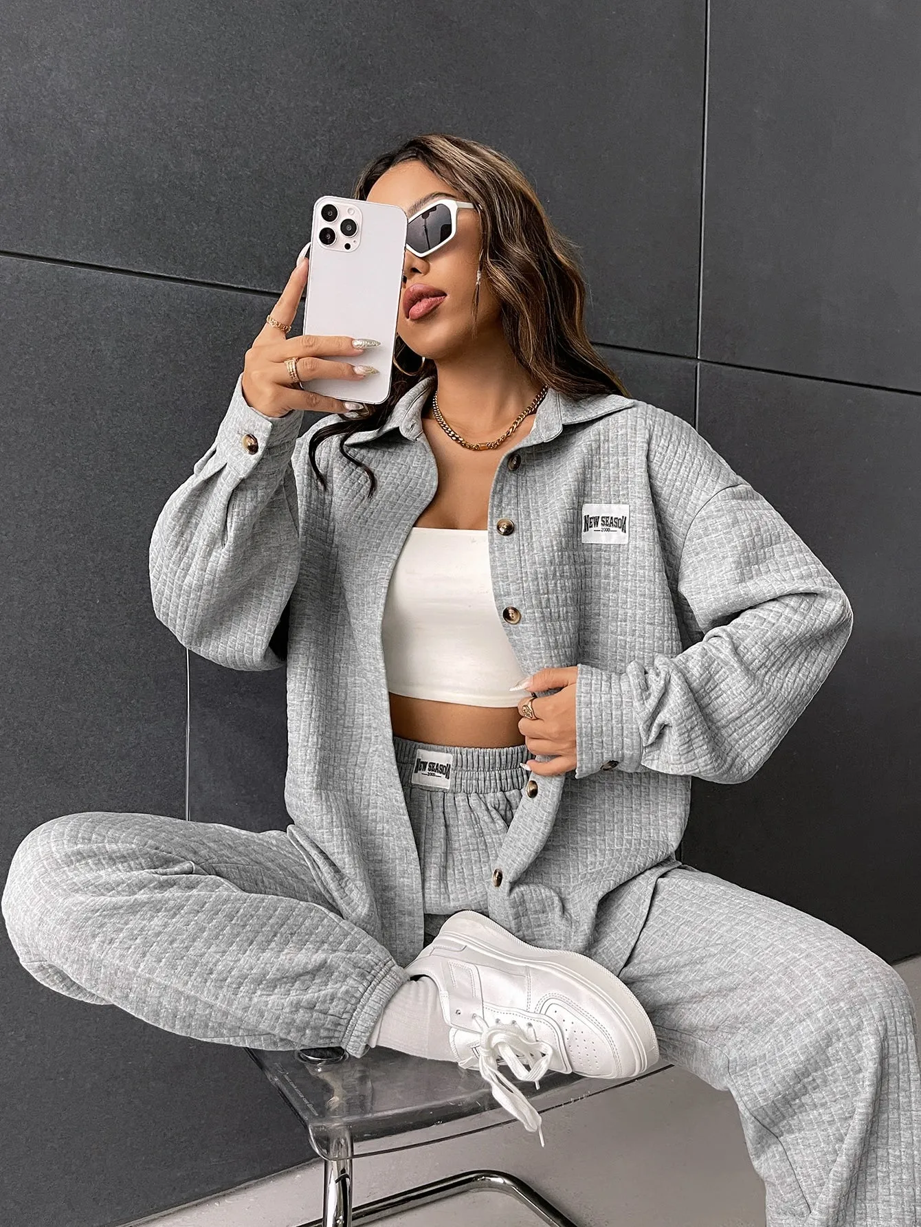Letter Patched Detail Quilted Drop Shoulder Shirt & Sweatpants FW22