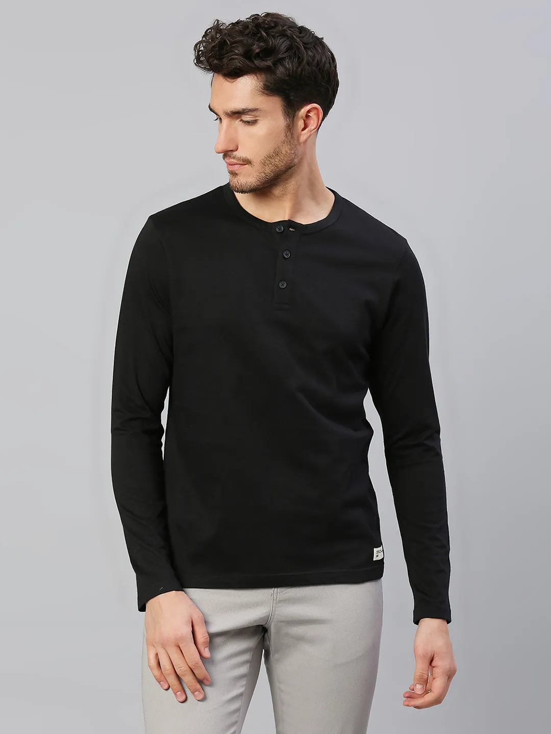 Men's Pure Cotton Solid Full Sleeves Henley T-Shirt (Black)