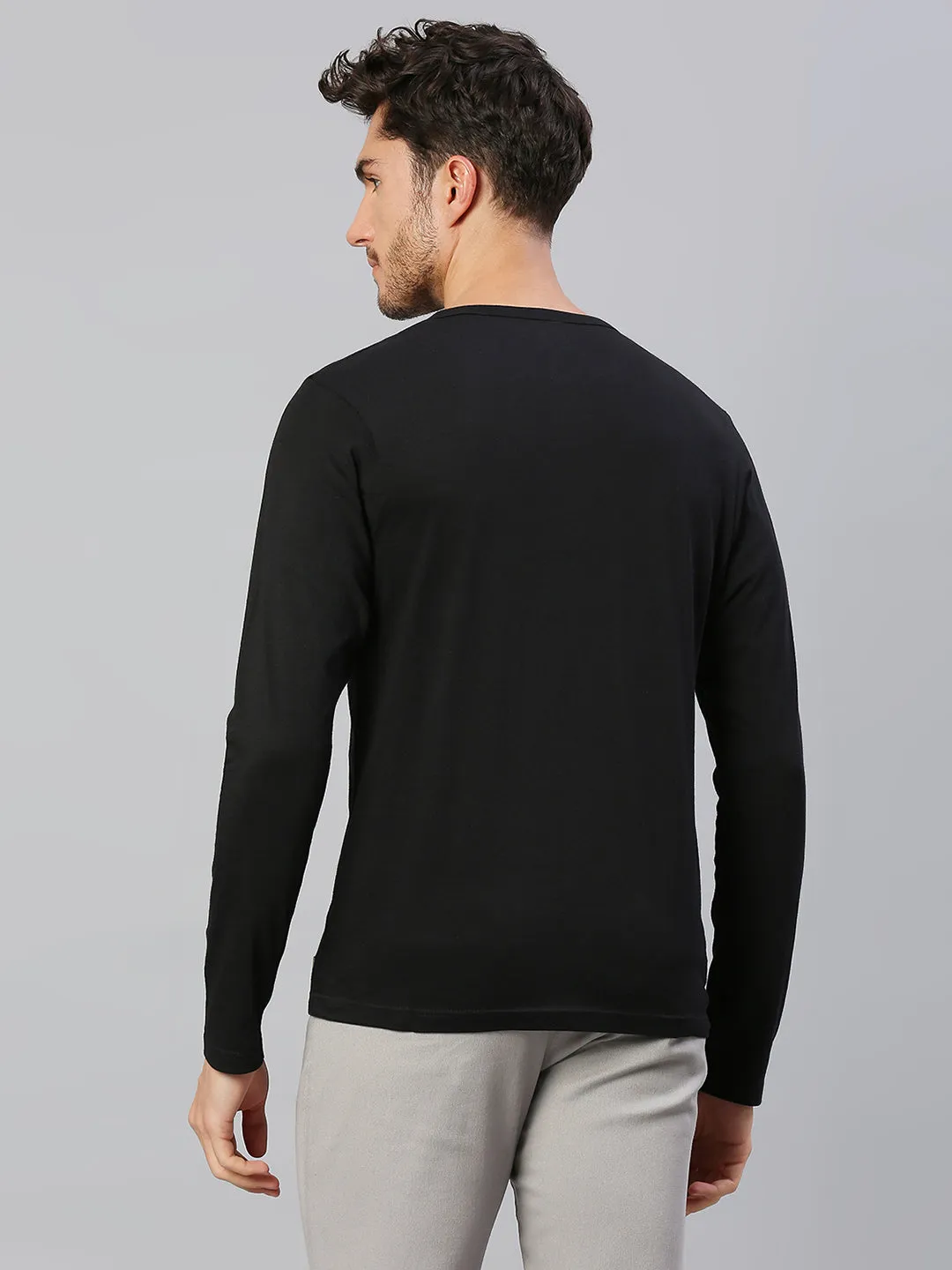 Men's Pure Cotton Solid Full Sleeves Henley T-Shirt (Black)