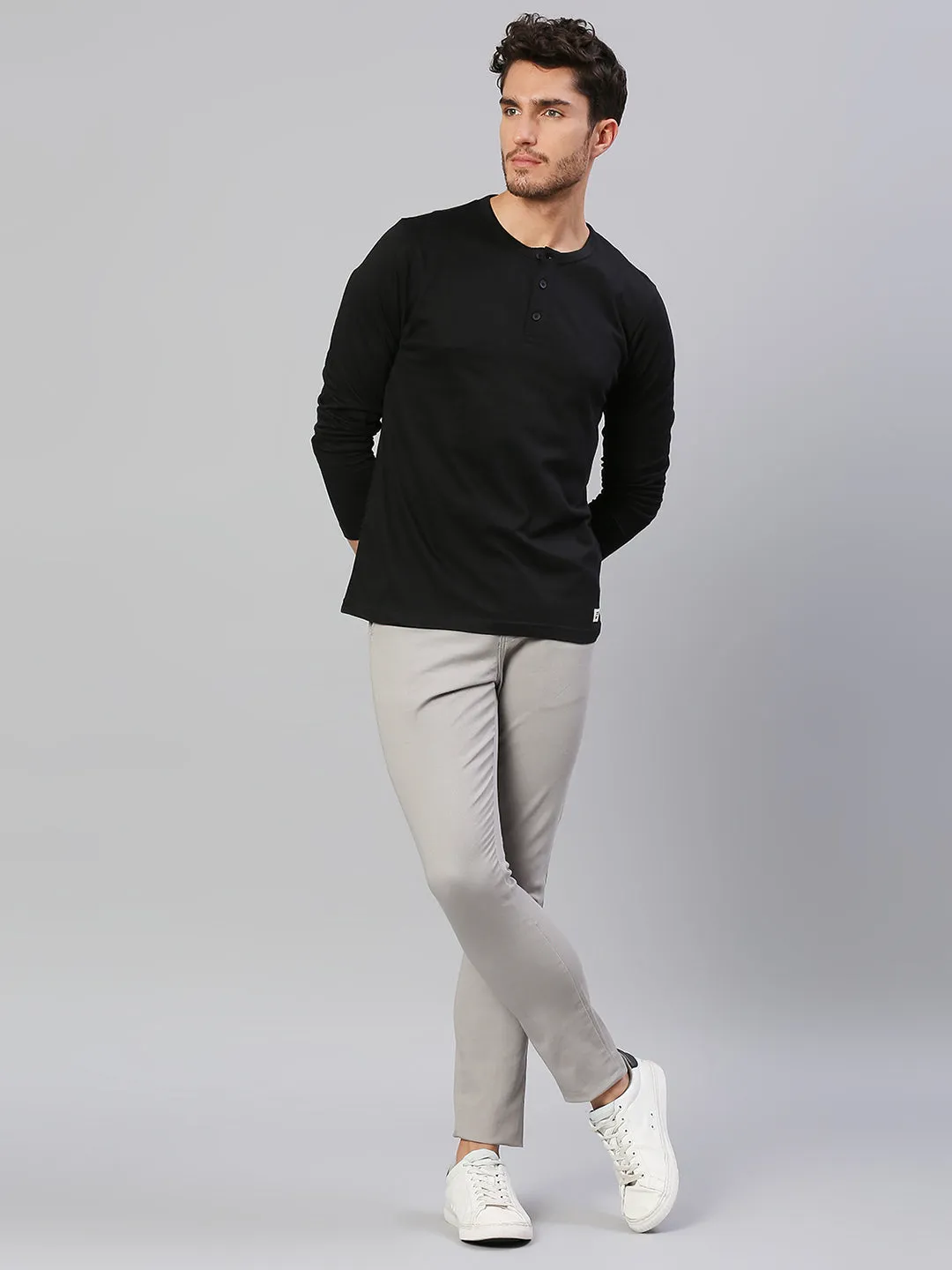 Men's Pure Cotton Solid Full Sleeves Henley T-Shirt (Black)