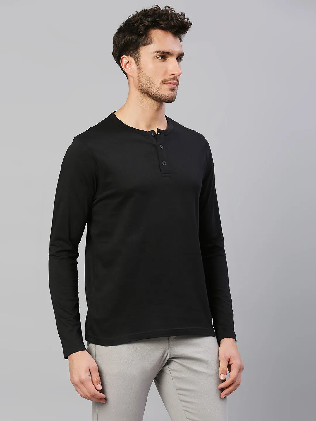 Men's Pure Cotton Solid Full Sleeves Henley T-Shirt (Black)