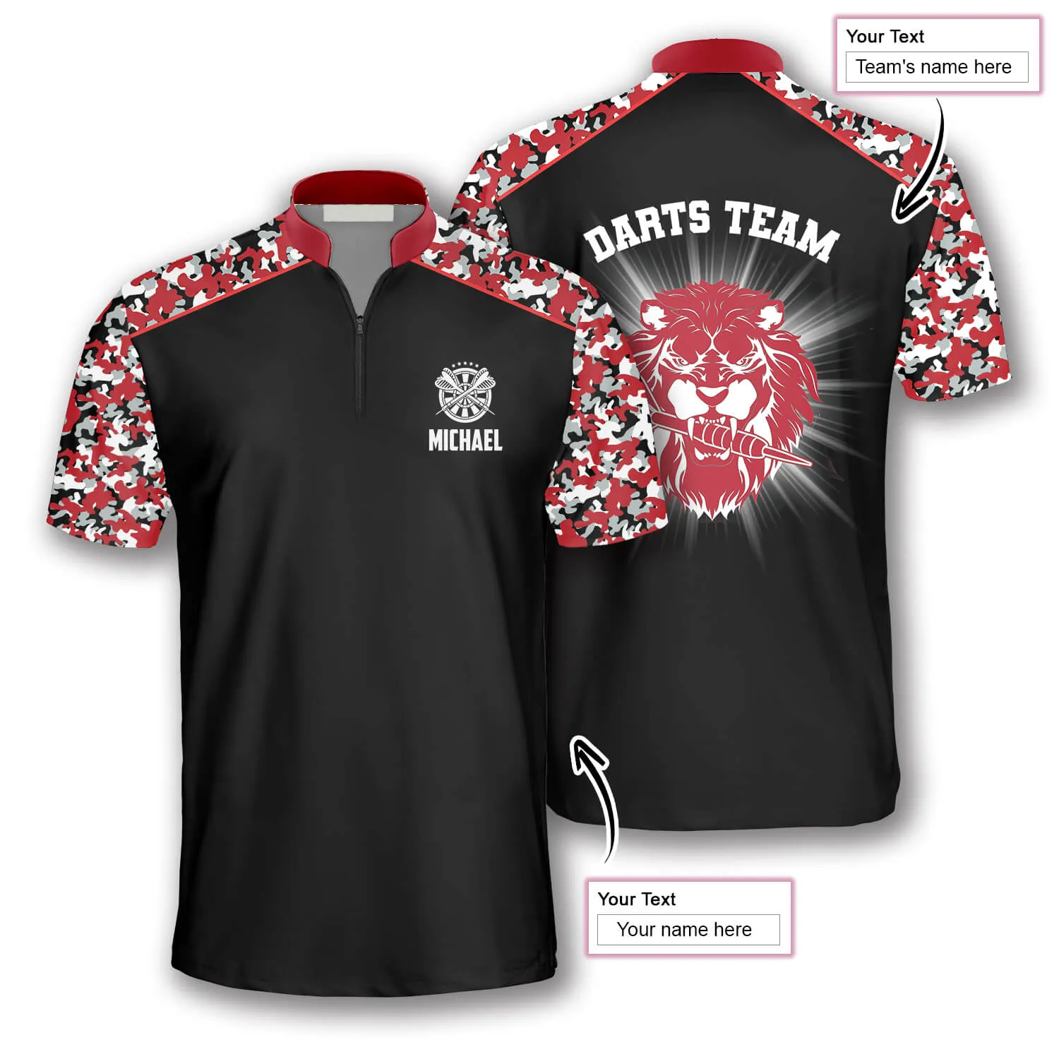 Red Lion Camouflage Custom Darts Jerseys for Men, Black and Camo Dart Jersey Shirt