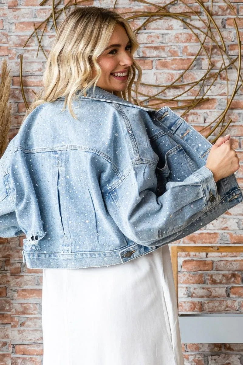 Rhinestone Stud Cropped Puff Denim Jacket