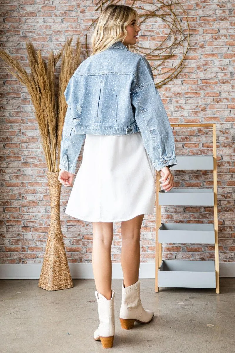 Rhinestone Stud Cropped Puff Denim Jacket