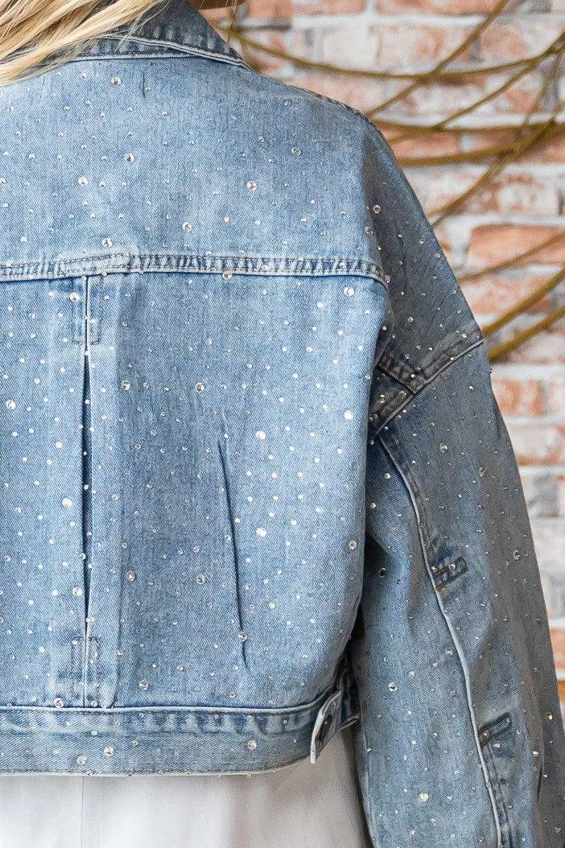 Rhinestone Stud Cropped Puff Denim Jacket