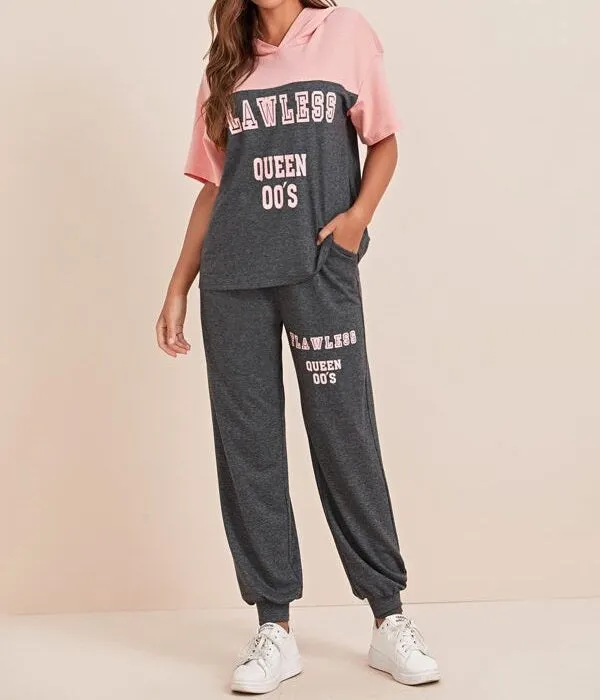 Slogan Graphic Color Block Hoodie & Sweatpants Set
