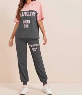 Slogan Graphic Color Block Hoodie & Sweatpants Set