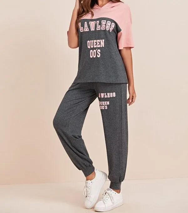 Slogan Graphic Color Block Hoodie & Sweatpants Set