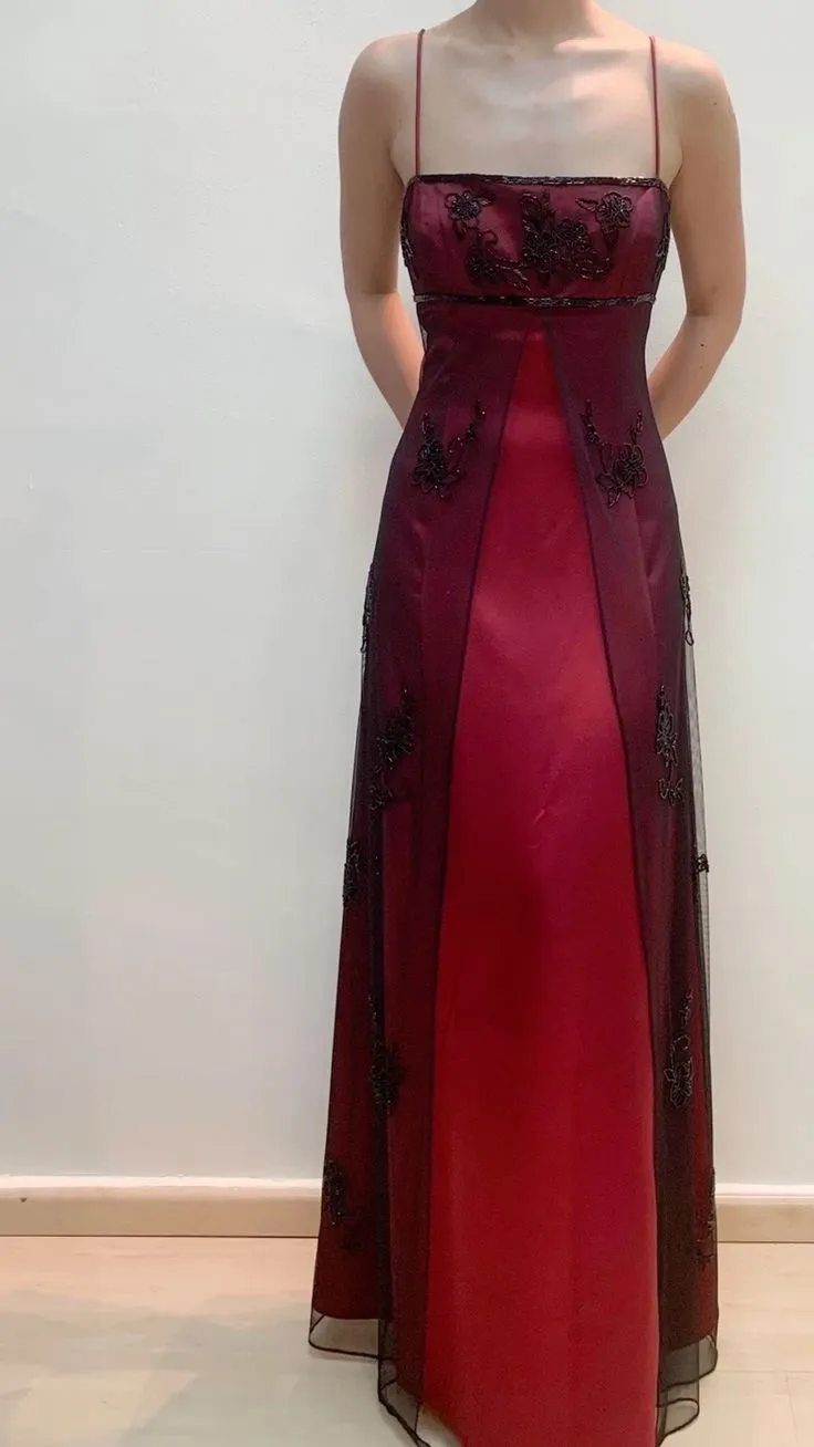 Vintage A line Square Neckline Red and Black Prom Dress