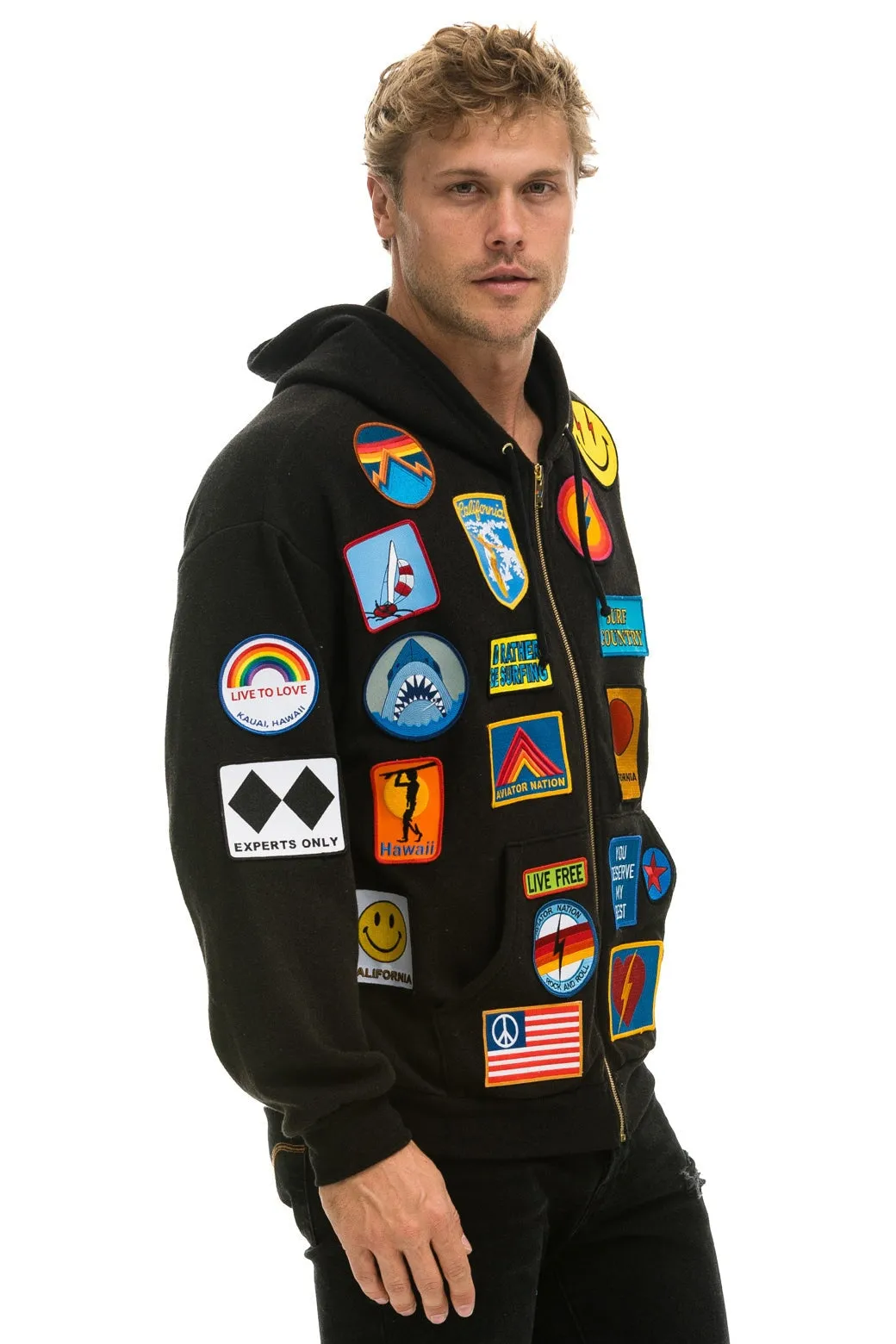 VINTAGE PATCH ZIP HOODIE RELAXED - BLACK