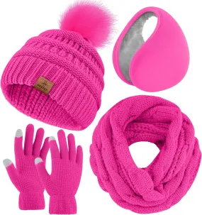 Winter Knit Hot Pink Beanie Hat, Scarf, Ear Muff & Gloves Set